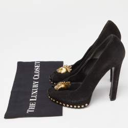 Pre Owned Alexander McQueen Black Suede Crystal Embellished Skull Peep Toe Pumps Size 38.5