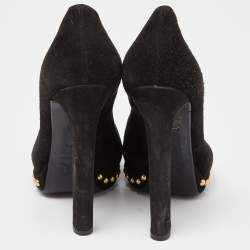 Pre Owned Alexander McQueen Black Suede Crystal Embellished Skull Peep Toe Pumps Size 38.5