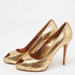 Alexander McQueen Gold Embossed Python Heart Peep Toe Pumps Size 38.5