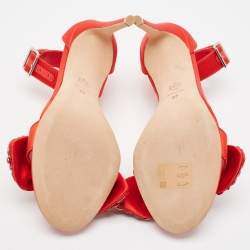 Pre Owned Alexander McQueen Red Satin Embellished Jewel Bow Ankle Strap Sandals Size 37