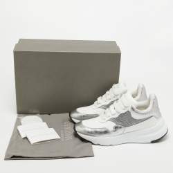 Alexander McQueen White/Silver Croc Embossed and Leather Larry Sneakers Size 40.5