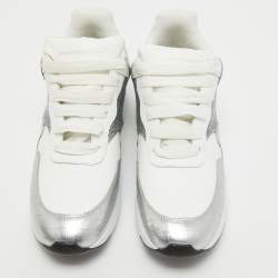 Pre Owned Alexander McQueen White/Silver Croc Embossed and Leather Larry Sneakers Size 40.5
