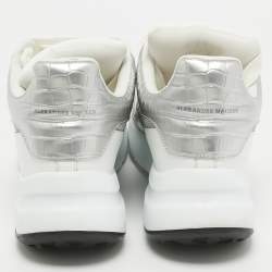 Alexander McQueen White/Silver Croc Embossed and Leather Larry Sneakers Size 40.5