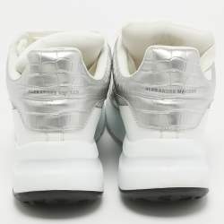Pre Owned Alexander McQueen White/Silver Croc Embossed and Leather Larry Sneakers Size 40.5
