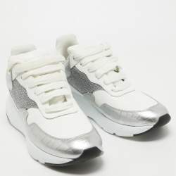 Pre Owned Alexander McQueen White/Silver Croc Embossed and Leather Larry Sneakers Size 40.5