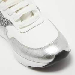 Pre Owned Alexander McQueen White/Silver Croc Embossed and Leather Larry Sneakers Size 40.5