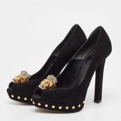 Alexander McQueen Black Suede Skull Peep Toe Platform Pumps Size 36