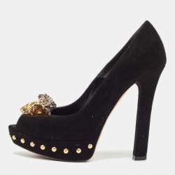 Alexander McQueen Black Suede Skull Peep Toe Platform Pumps Size 36