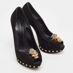 Alexander McQueen Black Suede Skull Peep Toe Platform Pumps Size 36