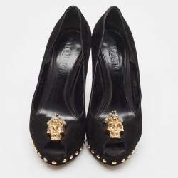 Alexander McQueen Black Suede Skull Peep Toe Platform Pumps Size 36