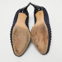 Alexander McQueen Navy Blue/Pink Laser Cut Suede and Studded Satin Round Toe Pumps Size 37.5