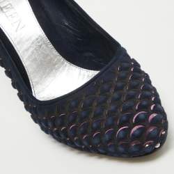 Alexander McQueen Navy Blue/Pink Laser Cut Suede and Studded Satin Round Toe Pumps Size 37.5