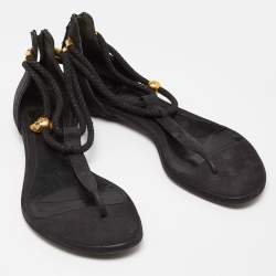 Pre Owned Alexander McQueen Black Leather Skull Embellished Thong Flat Sandals Size 37
