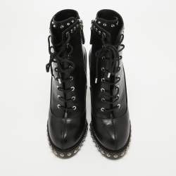 Pre Owned Alexander McQueen Black Leather Studded Lace Up Ankle Boots Size 37