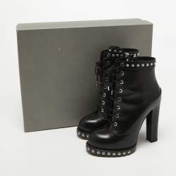 Pre Owned Alexander McQueen Black Leather Studded Lace Up Ankle Boots Size 37