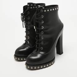Pre Owned Alexander McQueen Black Leather Studded Lace Up Ankle Boots Size 37