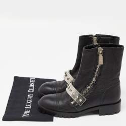 Pre Owned Alexander McQueen Black Leather Metal Bar Studded Biker Ankle Boots Size 37