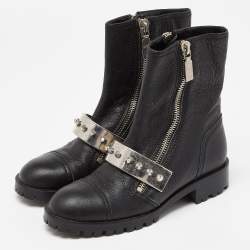 Pre Owned Alexander McQueen Black Leather Metal Bar Studded Biker Ankle Boots Size 37