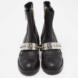Pre Owned Alexander McQueen Black Leather Metal Bar Studded Biker Ankle Boots Size 37