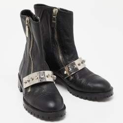 Pre Owned Alexander McQueen Black Leather Metal Bar Studded Biker Ankle Boots Size 37