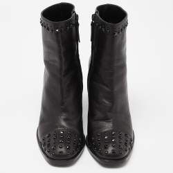 Pre Owned Alexander McQueen Black Leather Studded Block Heel Ankle Boots Size 39