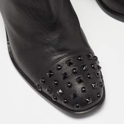 Pre Owned Alexander McQueen Black Leather Studded Block Heel Ankle Boots Size 39
