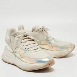 Pre Owned Alexander McQueen White/Holographic Leather Oversized Runner Sneakers Size 39.5