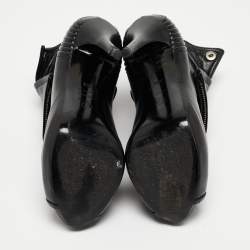 Pre Owned Alexander McQueen Black Leather Faithful Skull Peep Toe Ankle Boots Size 38.5