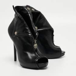 Pre Owned Alexander McQueen Black Leather Faithful Skull Peep Toe Ankle Boots Size 38.5