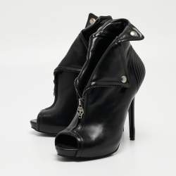 Pre Owned Alexander McQueen Black Leather Faithful Skull Peep Toe Ankle Boots Size 38.5