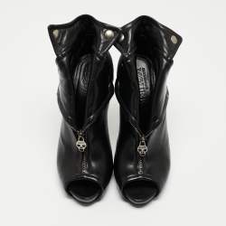 Pre Owned Alexander McQueen Black Leather Faithful Skull Peep Toe Ankle Boots Size 38.5