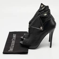 Pre Owned Alexander McQueen Black Leather Faithful Skull Peep Toe Ankle Boots Size 38.5