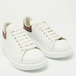 Pre Owned Alexander McQueen White/Red Croc Embossed and Leather Oversized Sneakers Size 37