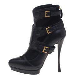 Pre Owned Alexander Mcqueen Black Leather and Suede Buckle Detail Ankle Boots Size 38