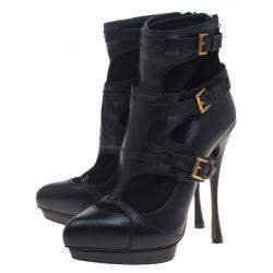 Pre Owned Alexander Mcqueen Black Leather and Suede Buckle Detail Ankle Boots Size 38