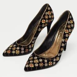 Pre Owned Alexander McQueen Black Velvet Embellished Pointed Toe Pumps Size 38.5