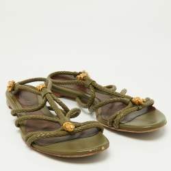 Pre Owned Alexander McQueen Green Leather Embellished Skull Flat Thong Sandals Size 38