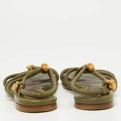 Pre Owned Alexander McQueen Green Leather Embellished Skull Flat Thong Sandals Size 38