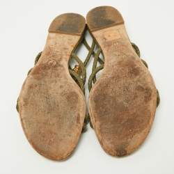 Pre Owned Alexander McQueen Green Leather Embellished Skull Flat Thong Sandals Size 38