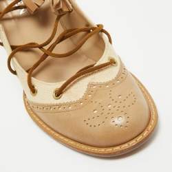 Pre Owned Alexander McQueen Beige Leather and Canvas Lace Up Loafers Pumps Size 38.5
