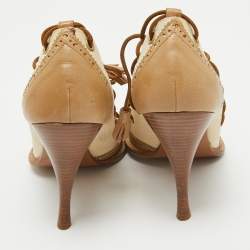 Pre Owned Alexander McQueen Beige Leather and Canvas Lace Up Loafers Pumps Size 38.5