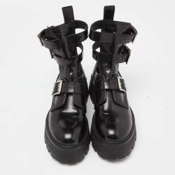 Pre Owned Alexander McQueen Black Leather Rave Buckle Ankle Boots Size 37