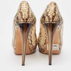 Pre Owned Alexander McQueen Beige/Brown Watersnake and Karung Round Toe Pumps Size 41