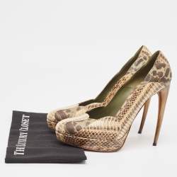 Pre Owned Alexander McQueen Beige/Brown Watersnake and Karung Round Toe Pumps Size 41