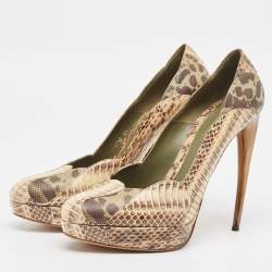 Pre Owned Alexander McQueen Beige/Brown Watersnake and Karung Round Toe Pumps Size 41