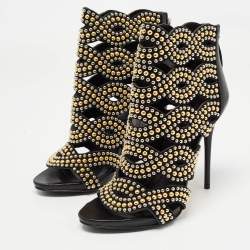 Alexander McQueen Black Leather Studded Peep Toe Ankle Boots Size 36