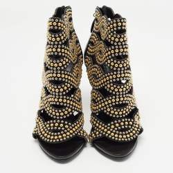 Alexander McQueen Black Leather Studded Peep Toe Ankle Boots Size 36