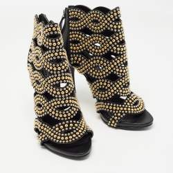 Alexander McQueen Black Leather Studded Peep Toe Ankle Boots Size 36