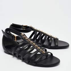 Alexander McQueen Black Leather Studded Flat Sandals Size 38