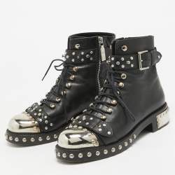 Pre Owned Alexander McQueen Black Leather Hobnail Boots Size 37
